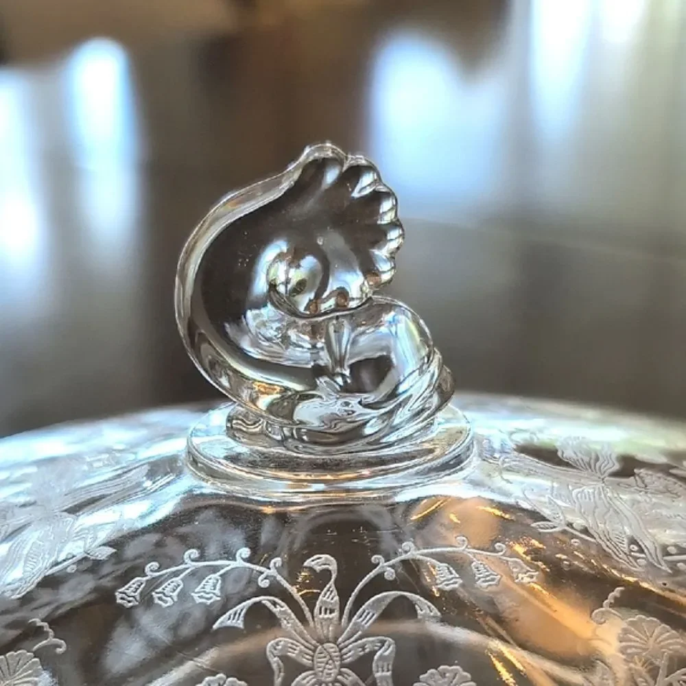 Heisey Glass Elegant Queen Ann Etched Orchid Lemon Dish with Dolphin Finial 1940